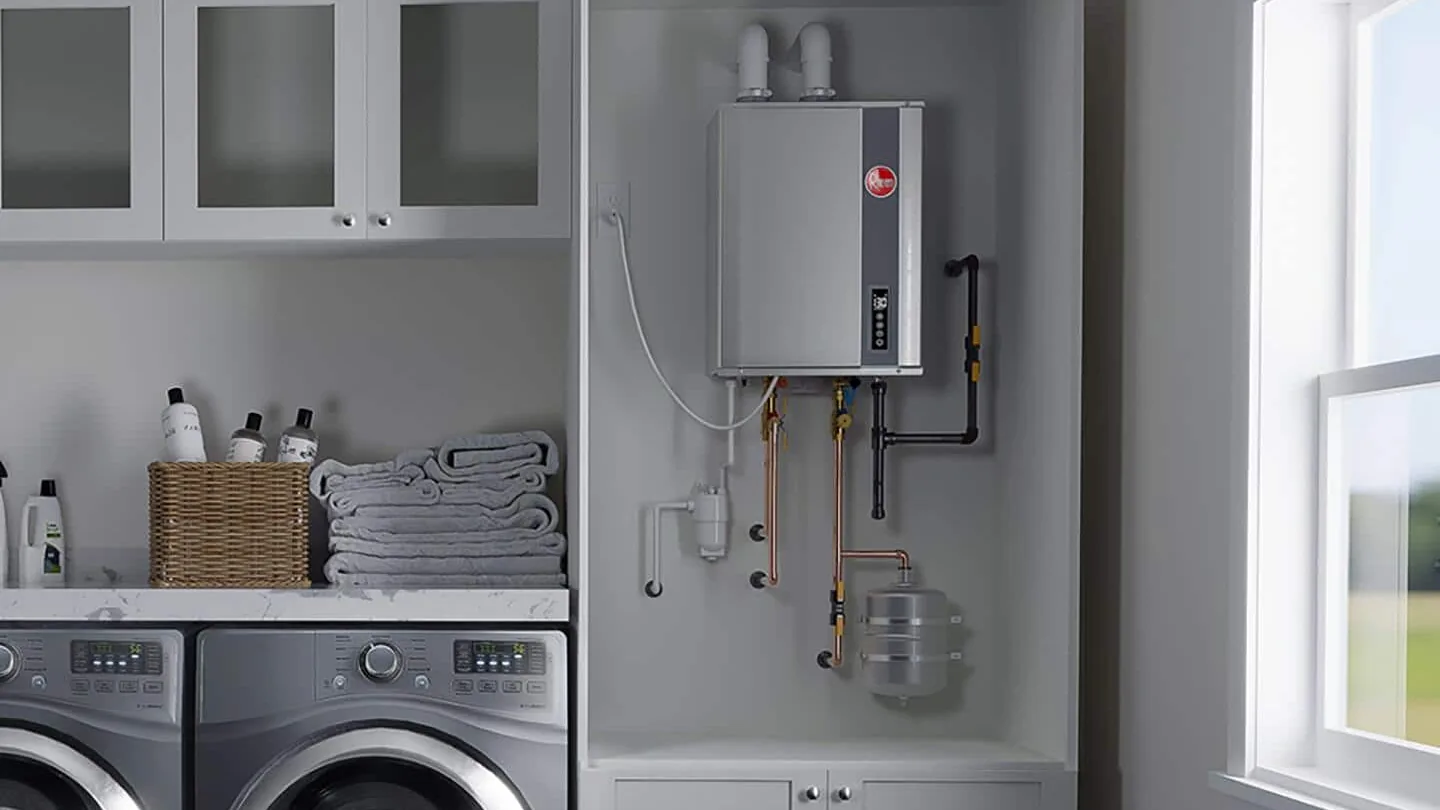 Wall-mounted tankless water heater in a laundry room