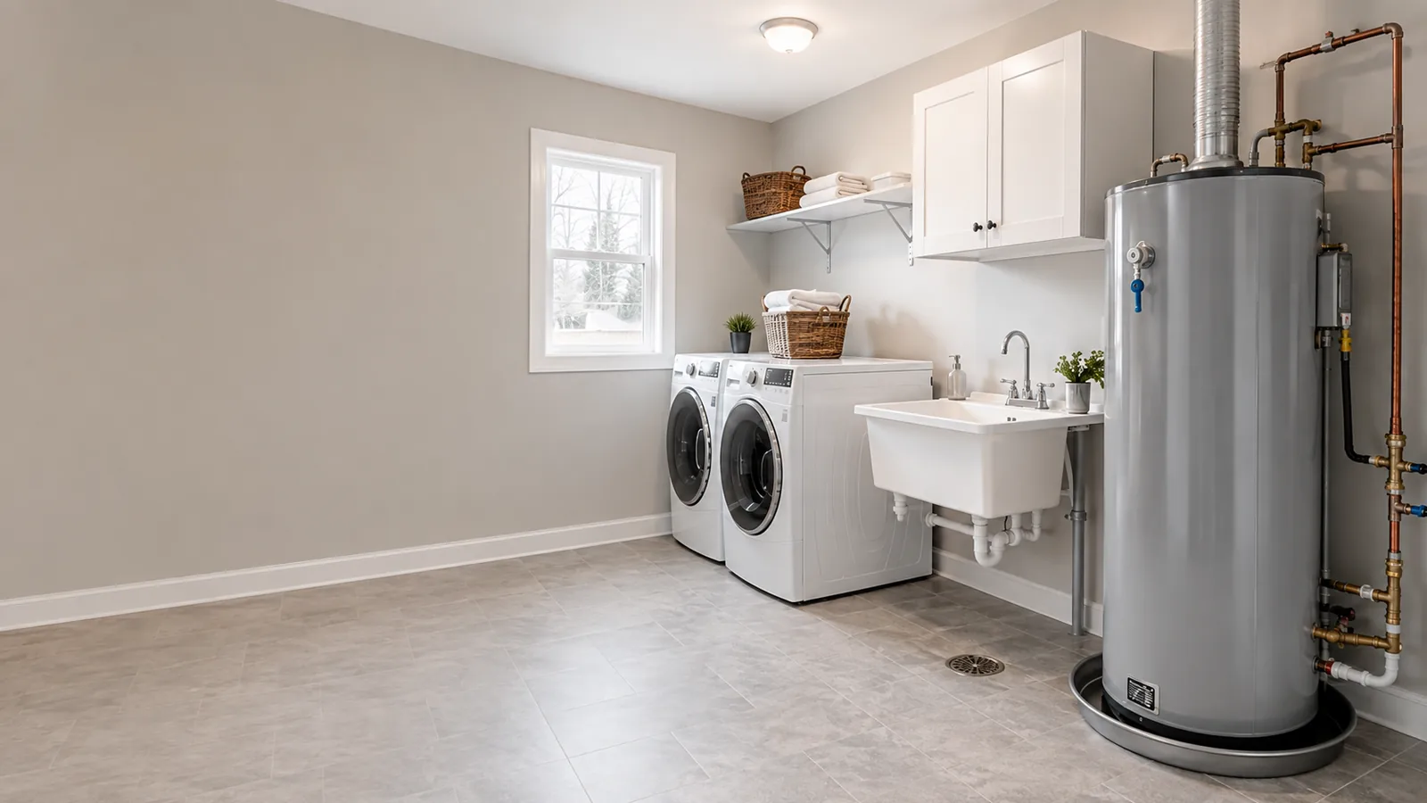 Tank water heater installed in a tidy laundry room