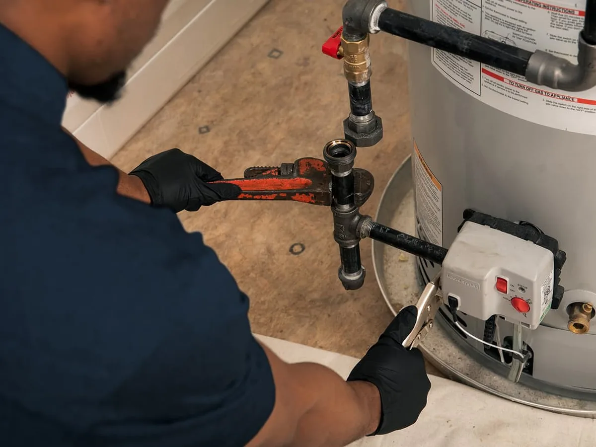 Gloved hands turning a wrench on the gas line fitting at a water heater